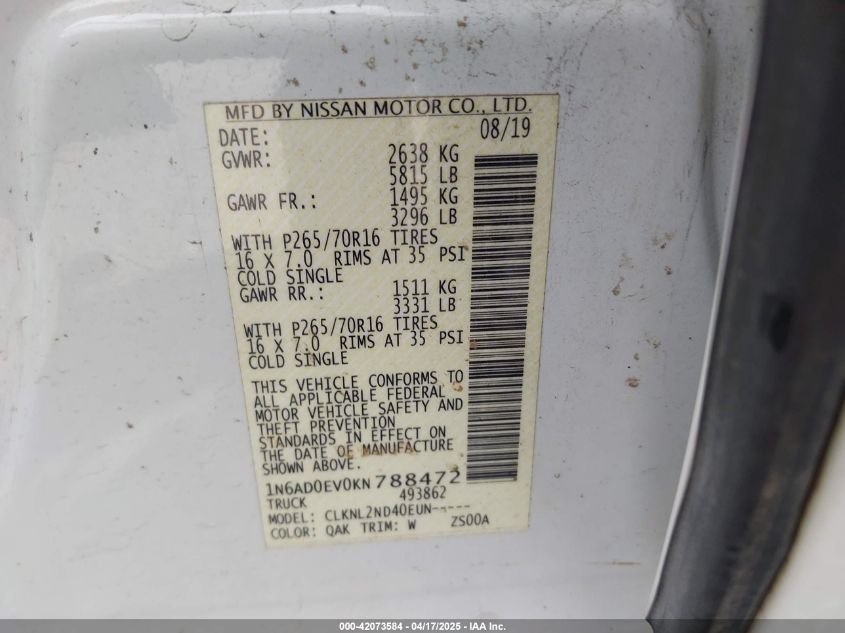 2019 Nissan Frontier Sv VIN: 1N6AD0EV0KN788472 Lot: 42073584