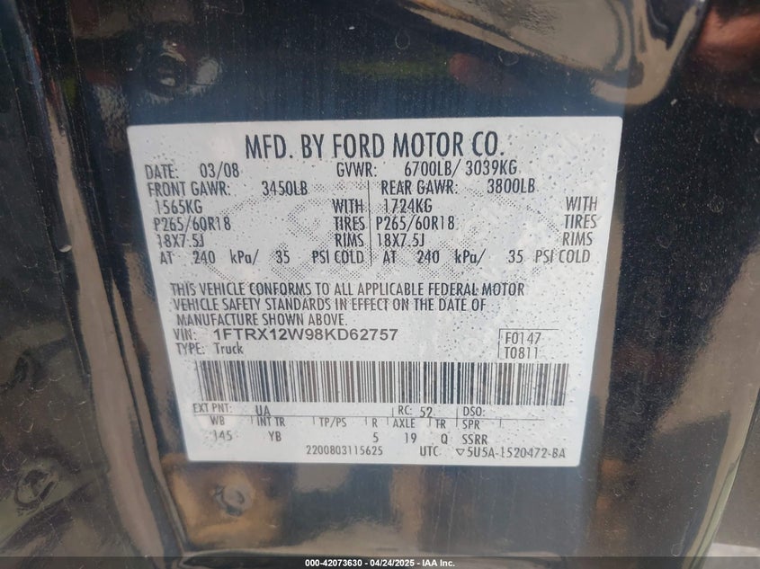 2008 FORD F-150 VIN: 1FTRX12W98KD62757