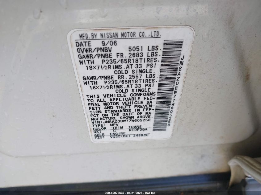 2007 Nissan Murano S VIN: JN8AZ08W77W605258 Lot: 42073637