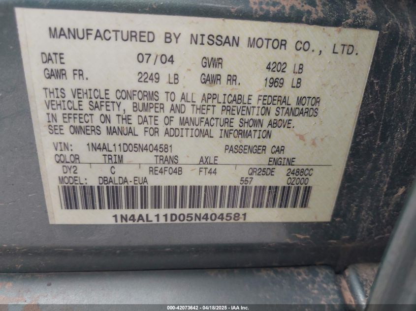 2005 Nissan Altima 2.5 S VIN: 1N4AL11D05N404581 Lot: 42073642