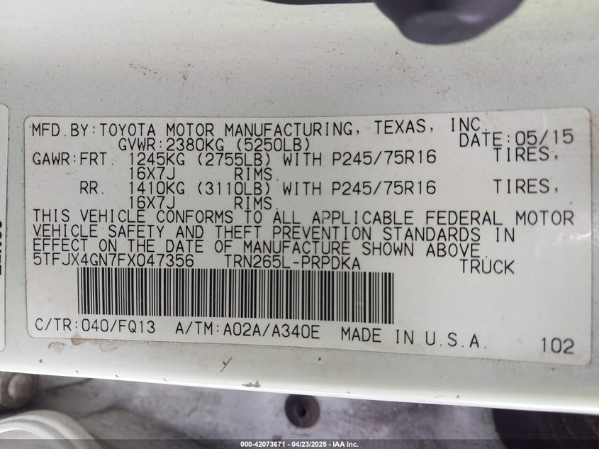 2015 TOYOTA TACOMA VIN: 5TFJX4GN7FX047356