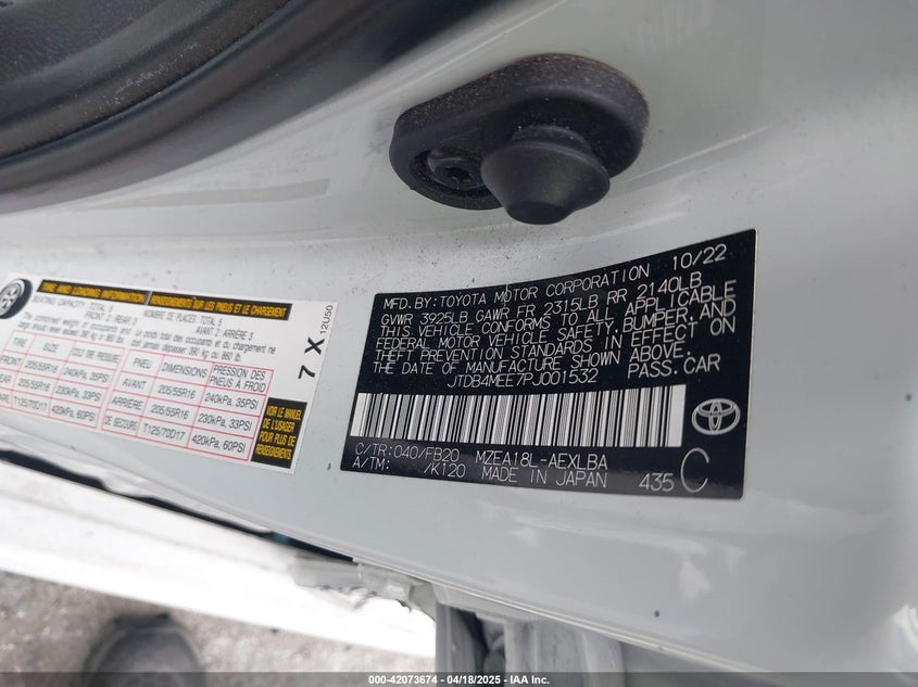 2023 TOYOTA COROLLA(VIN: JTDB4MEE7PJ001532
