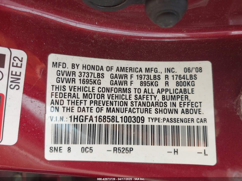 2008 HONDA CIVIC VIN: 1HGFA16858L100309