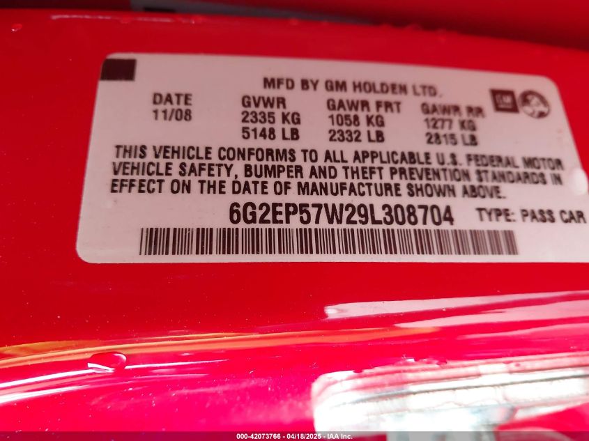 2009 Pontiac G8 Gxp VIN: 6G2EP57W29L308704 Lot: 42073766