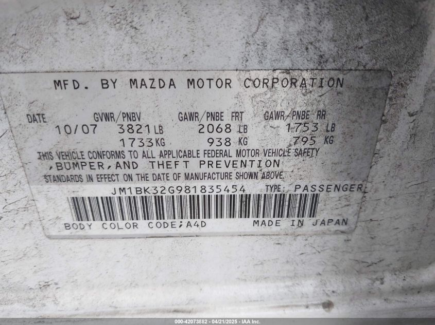 2008 Mazda Mazda3 I VIN: JM1BK32G981835454 Lot: 42073882