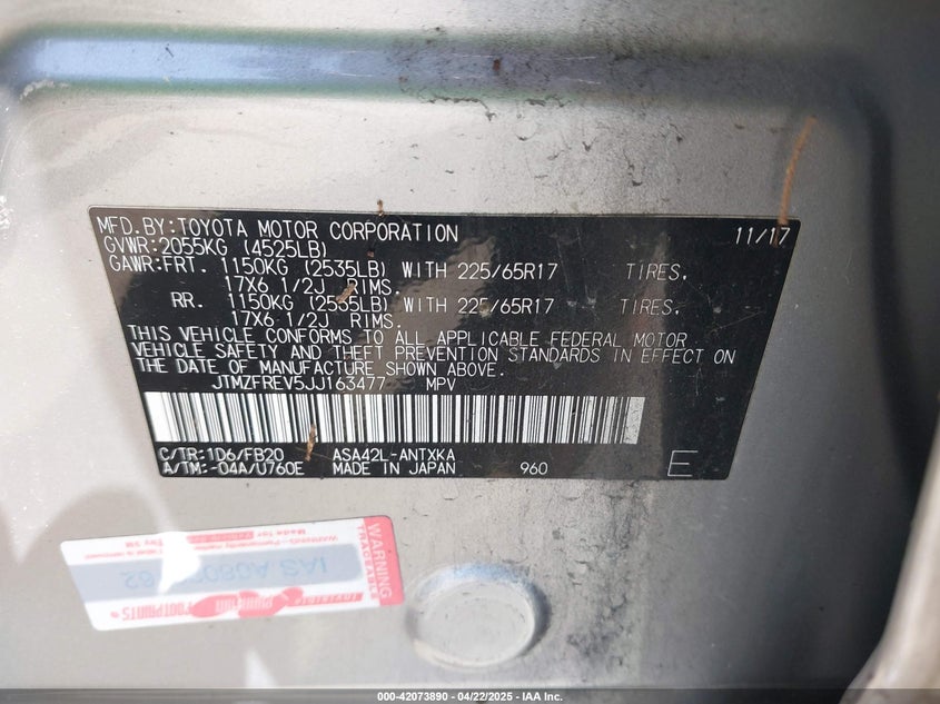 2018 TOYOTA RAV4 VIN: JTMZFREV5JJ163477