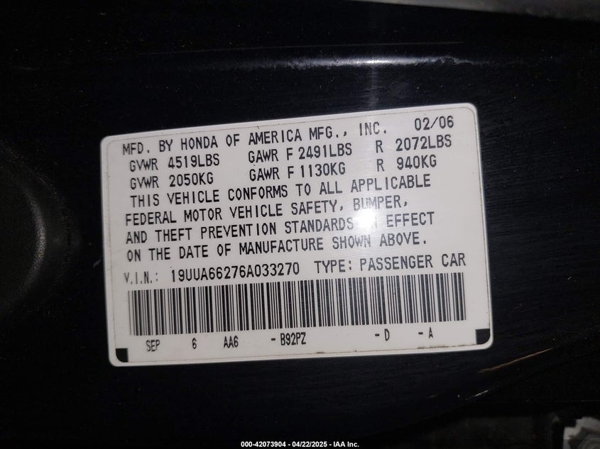 2006 ACURA TL VIN: 19UUA66276A033270