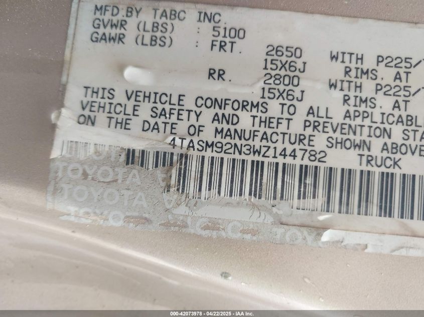 1998 Toyota Tacoma Prerunner VIN: 4TASM92N3WZ144782 Lot: 42073978
