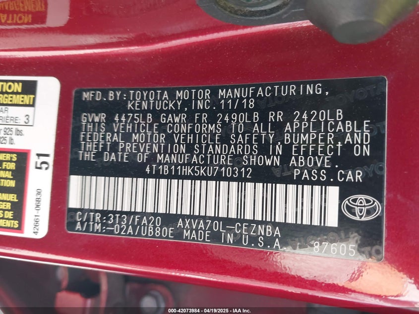VIN 4T1B11HK5KU710312 2019 TOYOTA CAMRY LE