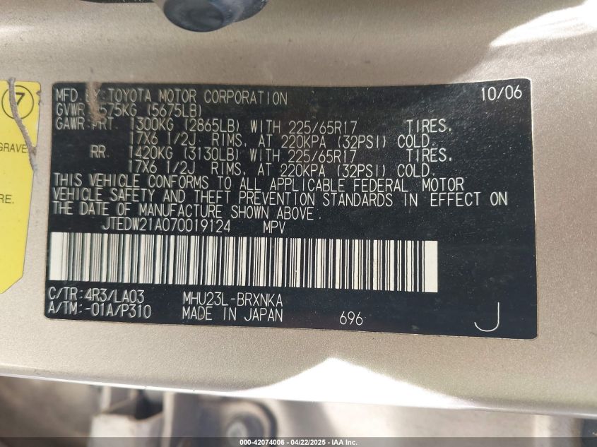 2007 Toyota Highlander Hybrid Limited V6 VIN: JTEDW21A070019124 Lot: 42074006