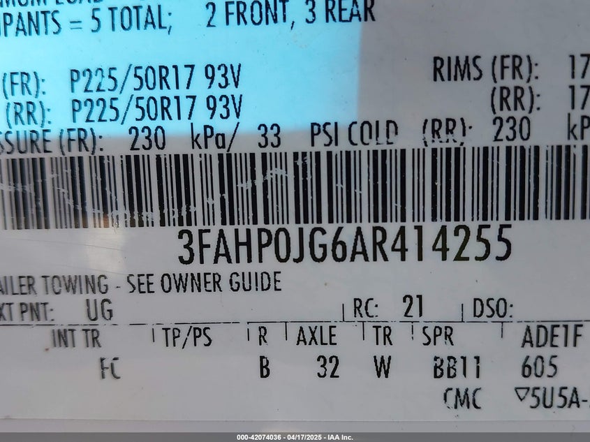 2010 FORD FUSION VIN: 3FAHP0JG6AR414255