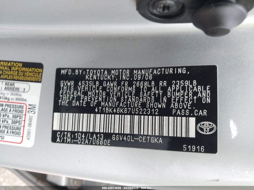 2007 TOYOTA CAMRY VIN: 4T1BK46K67U522312