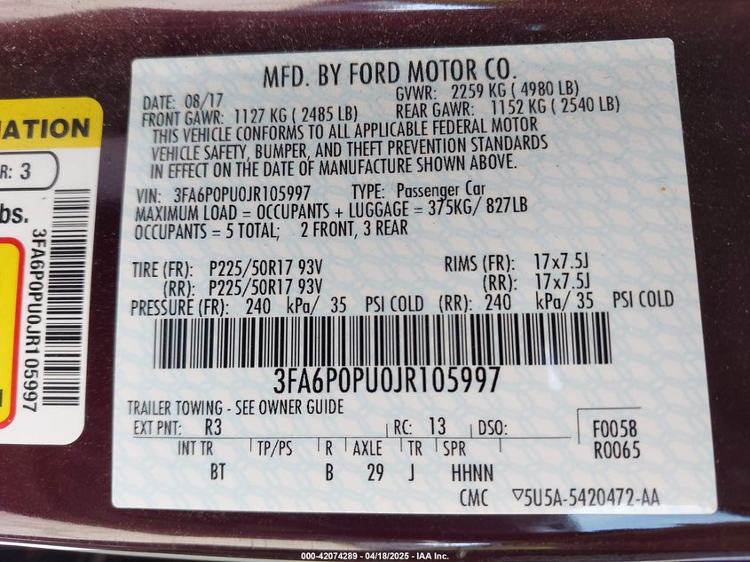 2018 FORD FUSION ENERGI VIN: 3FA6P0PU0JR105997