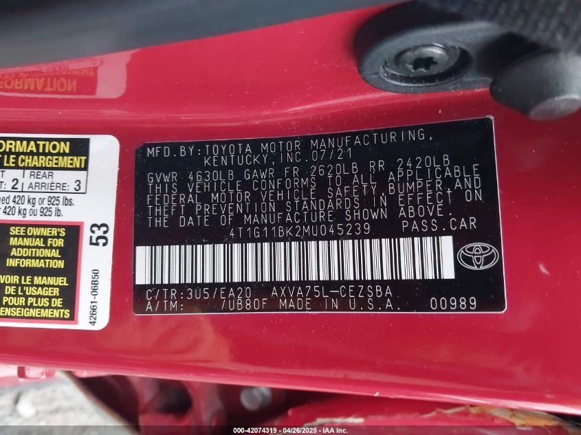 2021 Toyota Camry Se Awd VIN: 4T1G11BK2MU045239 Lot: 42074319