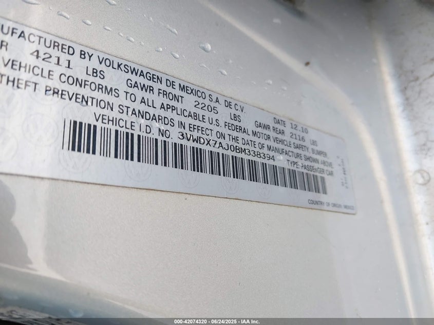 2011 Volkswagen Jetta 2.5L Se VIN: 3VWDX7AJ0BM338394 Lot: 42074320
