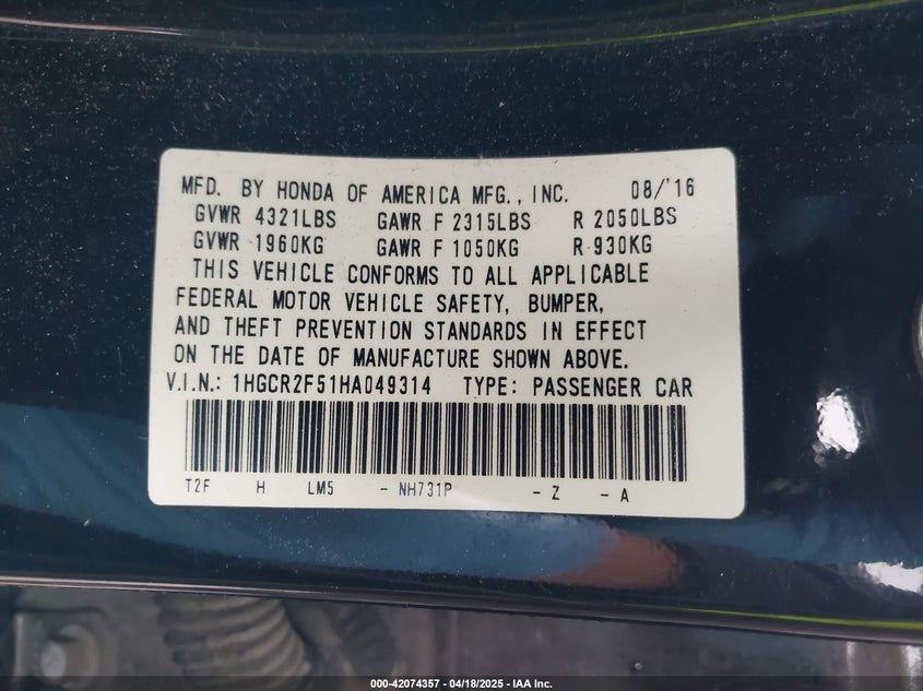 2017 HONDA ACCORD VIN: 1HGCR2F51HA049314