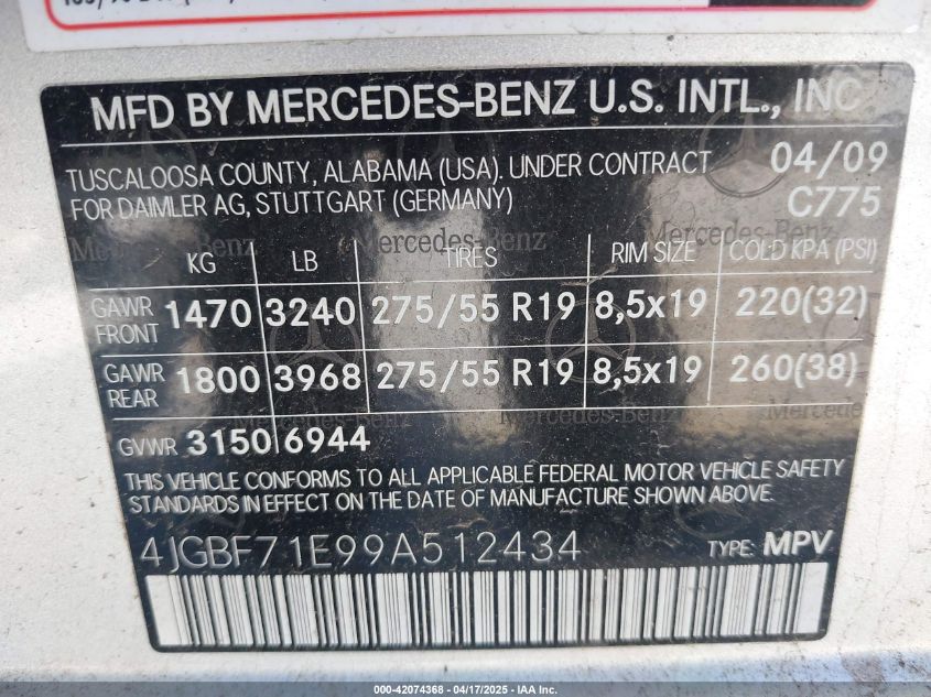 2009 Mercedes-Benz Gl 450 4Matic VIN: 4JGBF71E99A512434 Lot: 42074368