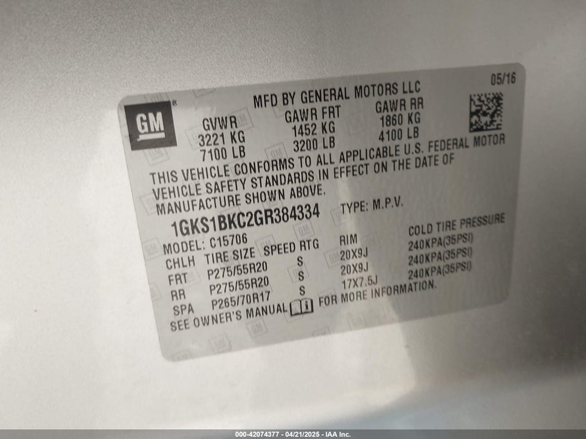2016 GMC Yukon Slt VIN: 1GKS1BKC2GR384334 Lot: 42074377