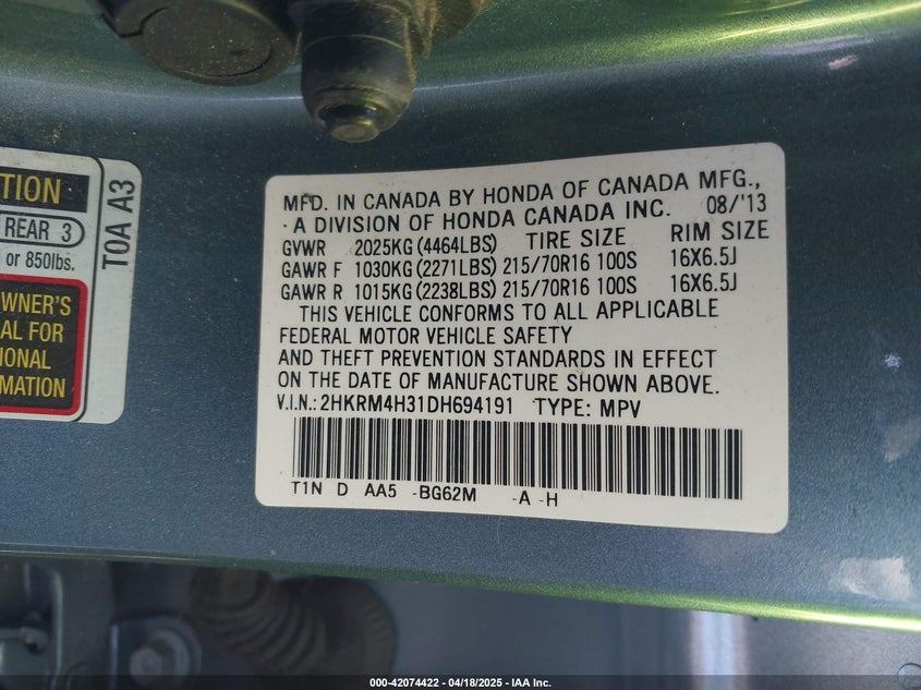 2013 HONDA CR-V VIN: 2HKRM4H31DH694191