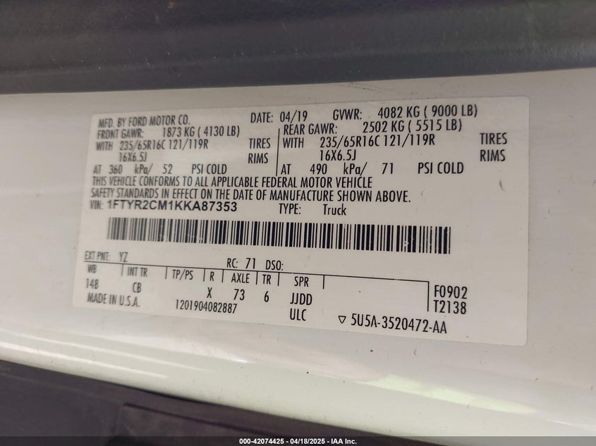 2019 FORD TRANSIT VIN: 1FTYR2CM1KKA87353