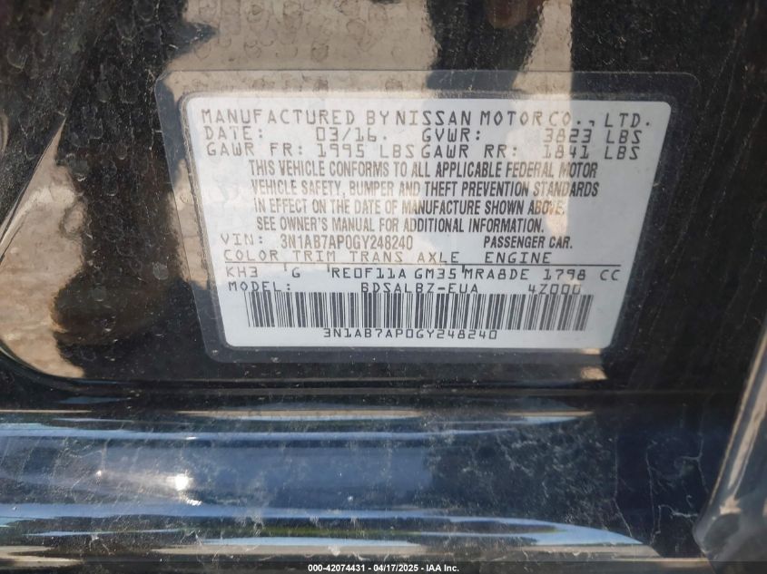 2016 Nissan Sentra Fe+ S/S/Sl/Sr/Sv VIN: 3N1AB7APOGY248240 Lot: 42074431