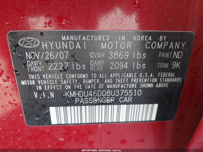 2008 HYUNDAI ELANTRA VIN: KMHDU46D08U375510