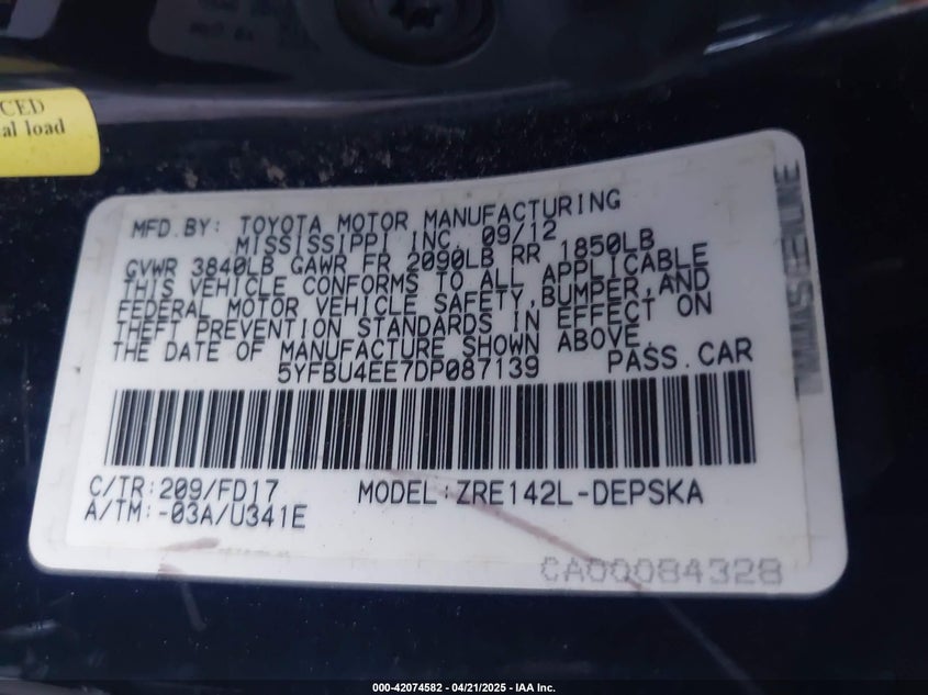 2013 TOYOTA COROLLA VIN: 5YFBU4EE7DP087139