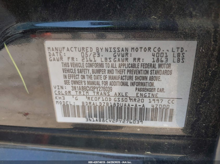 2023 NISSAN SENTRA VIN: 3N1AB8CV2PY276039