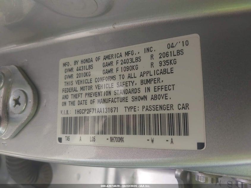 2010 HONDA ACCORD VIN: 1HGCP2F71AA131671