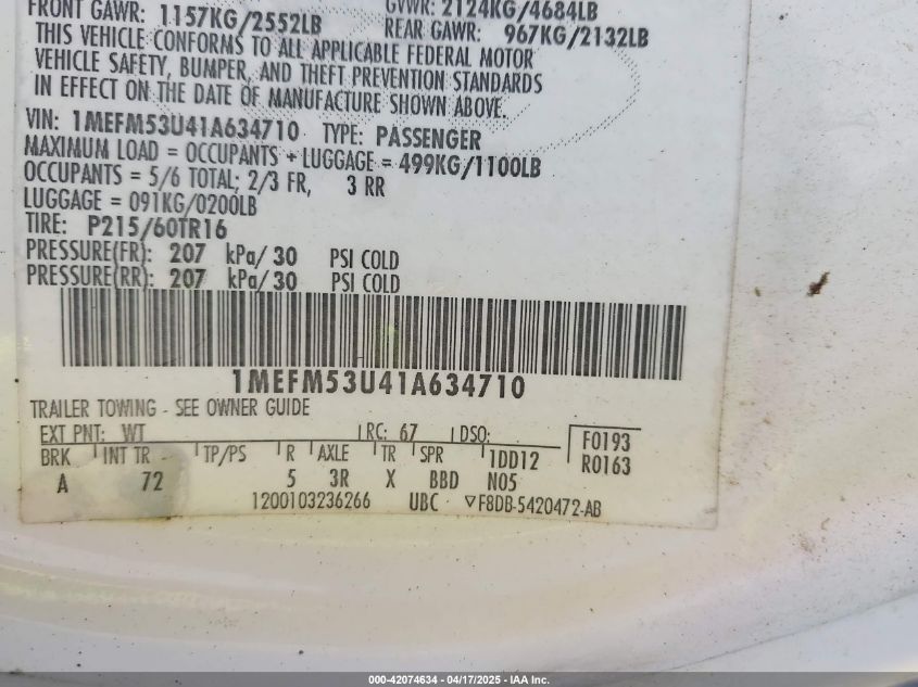 2001 Mercury Sable Ls VIN: 1MEFM53U41A634710 Lot: 42074634