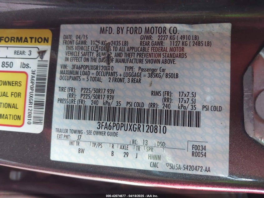2016 FORD FUSION ENERGI VIN: 3FA6P0PUXGR120810