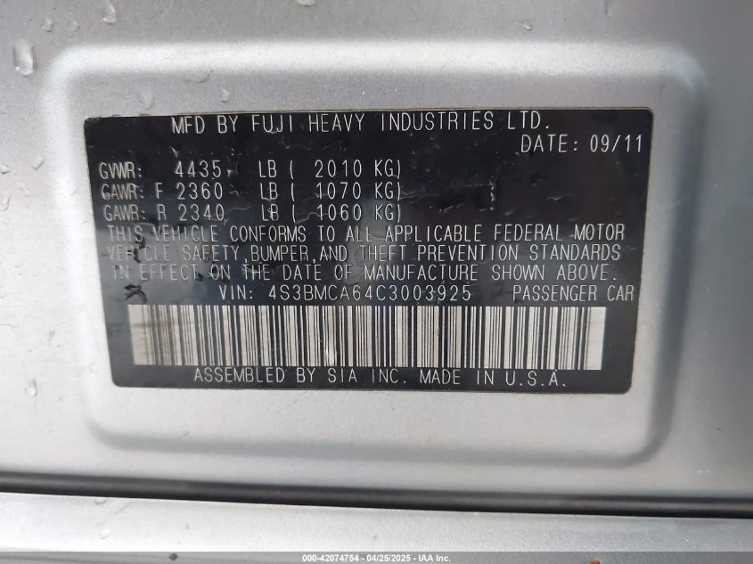2012 Subaru Legacy 2.5I VIN: 4S3BMCA64C3003925 Lot: 42074754