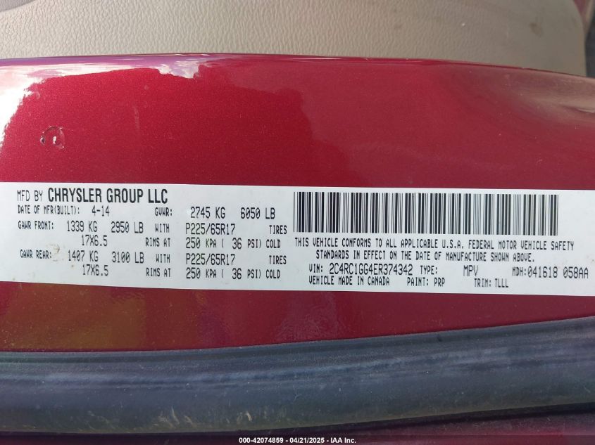 2014 Chrysler Town & Country Limited VIN: 2C4RC1GG4ER374342 Lot: 42074859