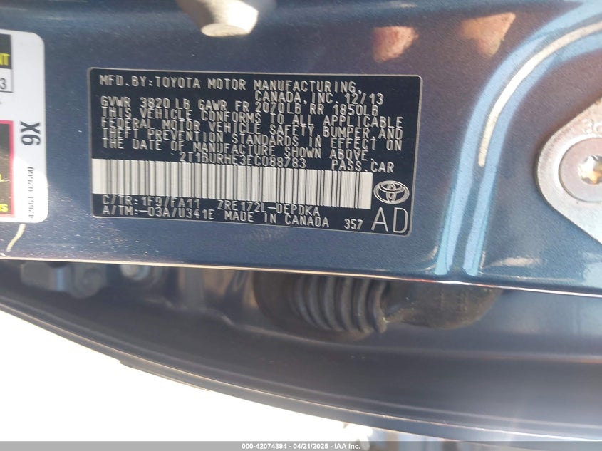 2014 TOYOTA COROLLA VIN: 2T1BURHE3EC088783