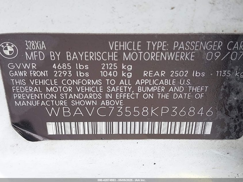 2008 BMW 328Xi VIN: WBAVC73558KP36846 Lot: 42074983