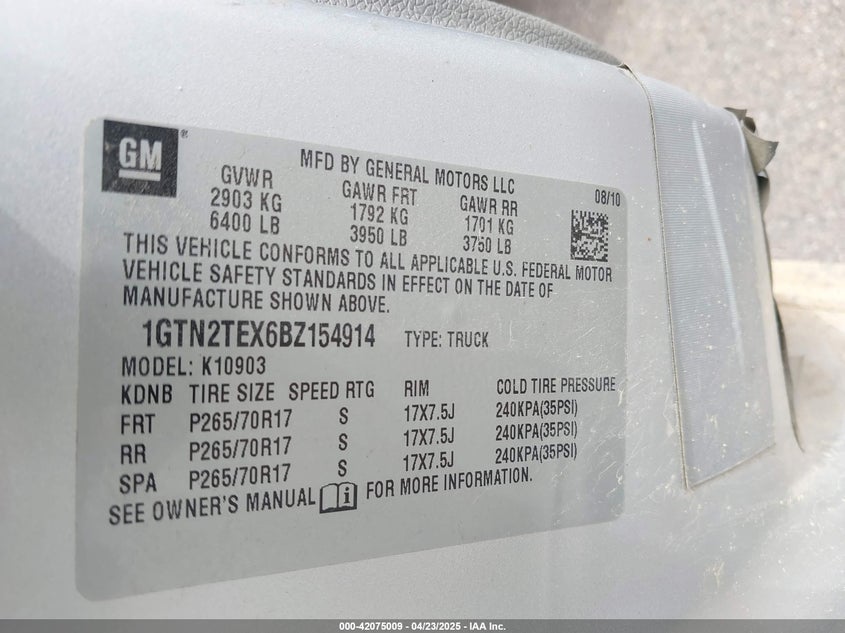 2011 GMC SIERRA 1500 VIN: 1GTN2TEX6BZ154914