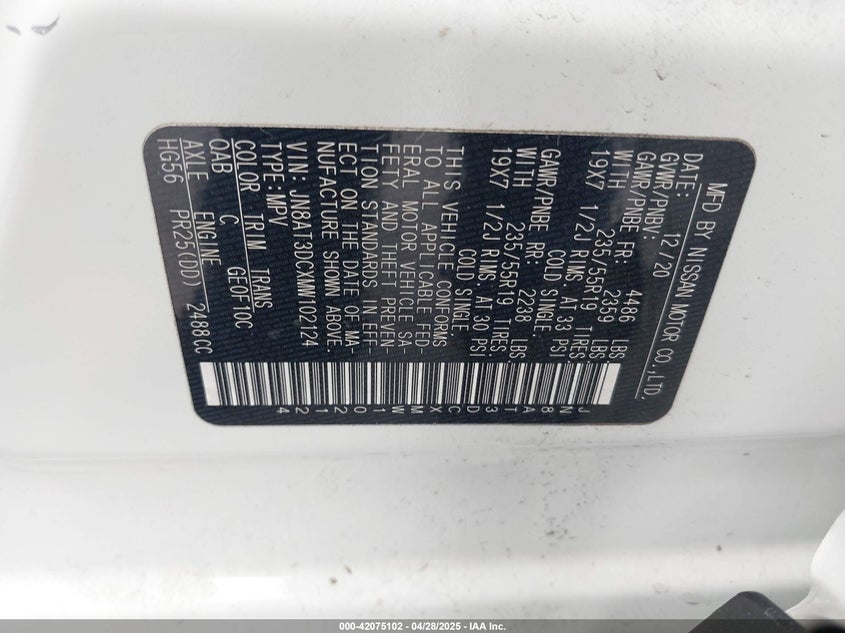2021 NISSAN ROGUE VIN: JN8AT3DCXMW102124