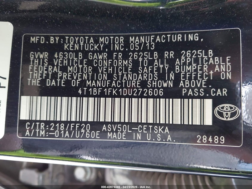 2013 TOYOTA CAMRY VIN: 4T1BF1FK1DU272606