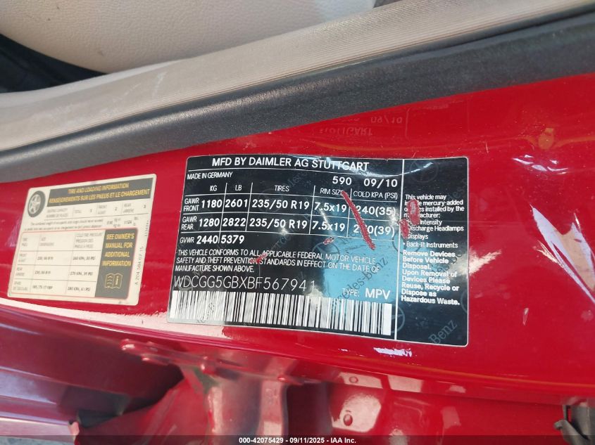 2011 Mercedes-Benz Glk 350 VIN: WDCGG5GBXBF567941 Lot: 42075429