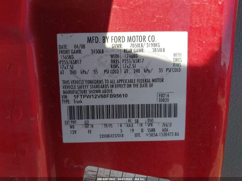 2008 Ford F-150 60Th Anniversary/Fx2/King Ranch/Lariat/Xlt VIN: 1FTPW12V68FB95610 Lot: 42075443