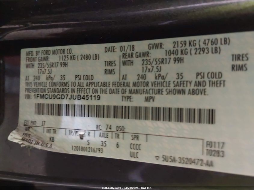 2018 Ford Escape Se VIN: 1FMCU9GD7JUB45119 Lot: 42075459