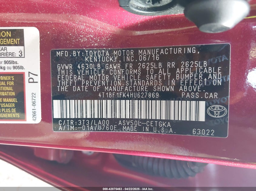 2017 TOYOTA CAMRY VIN: 4T1BF1FK4HU627869