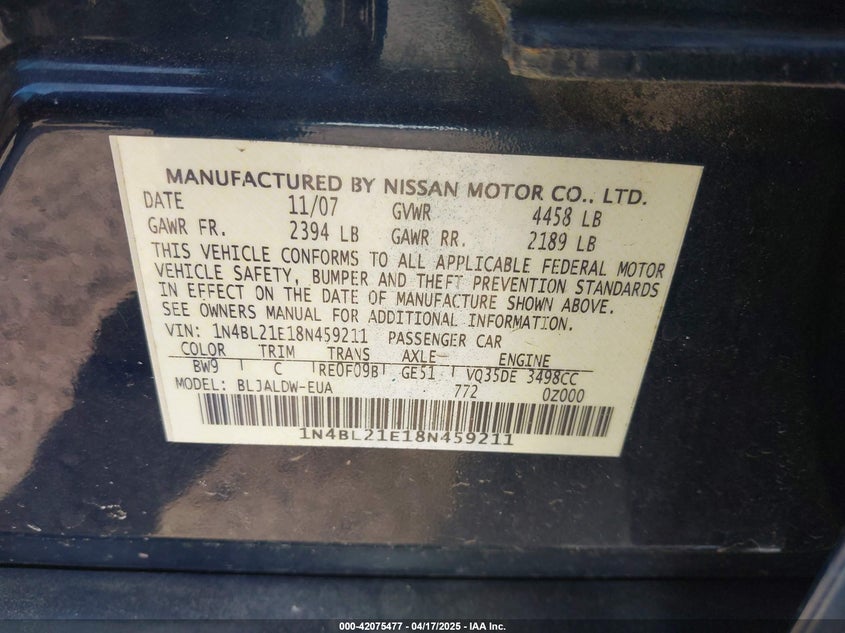 2008 NISSAN ALTIMA VIN: 1N4BL21E18N459211