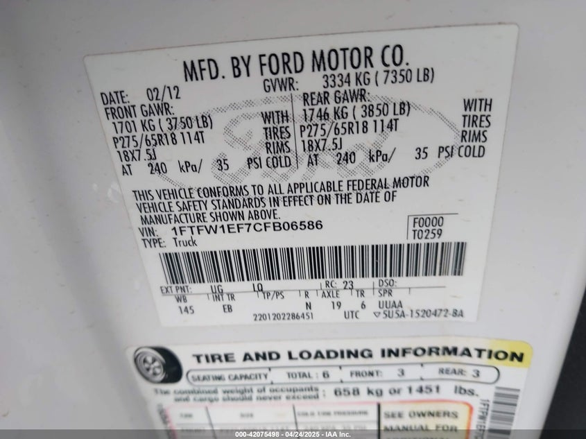 2012 FORD F-150 VIN: 1FTFW1EF7CFB06586
