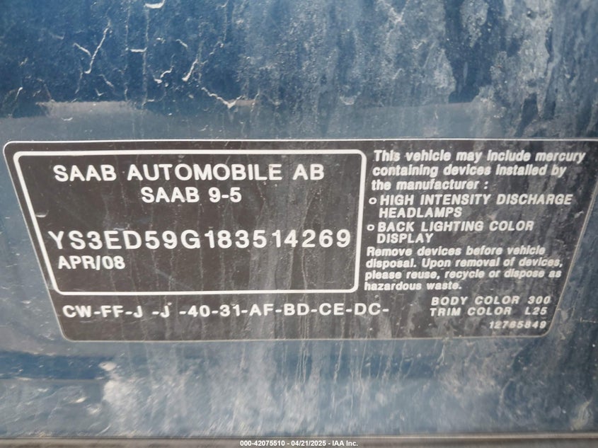 2008 SAAB 9-5 VIN: YS3ED59G183514269