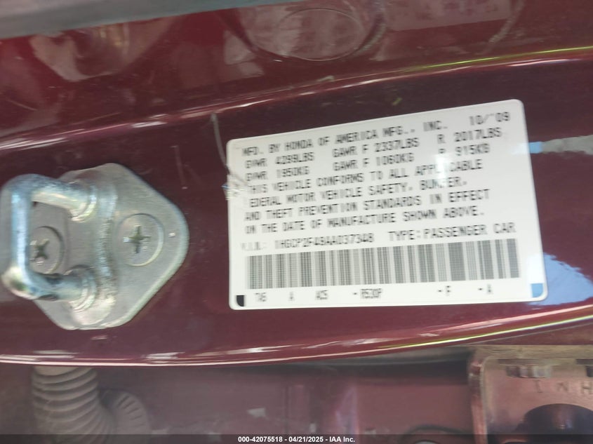 2010 HONDA ACCORD VIN: 1HGCP2F49AA037348