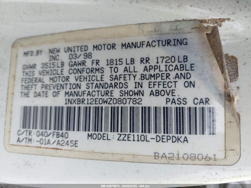 1998 Toyota Corolla Ce VIN: 1NXBR12E0WZ080782 Lot: 42075575