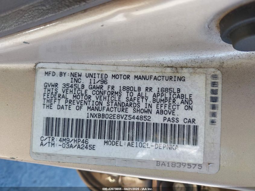 1997 Toyota Corolla Dx VIN: 1NXBB02E8VZ544852 Lot: 42075655