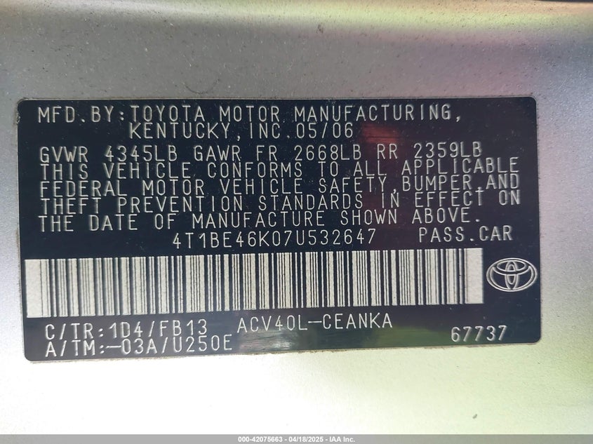 2007 TOYOTA CAMRY VIN: 4T1BE46K07U532647