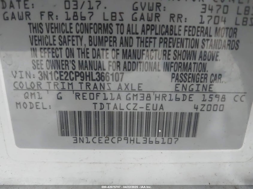 2017 NISSAN VERSA NOTE VIN: 3N1CE2CP9HL366107